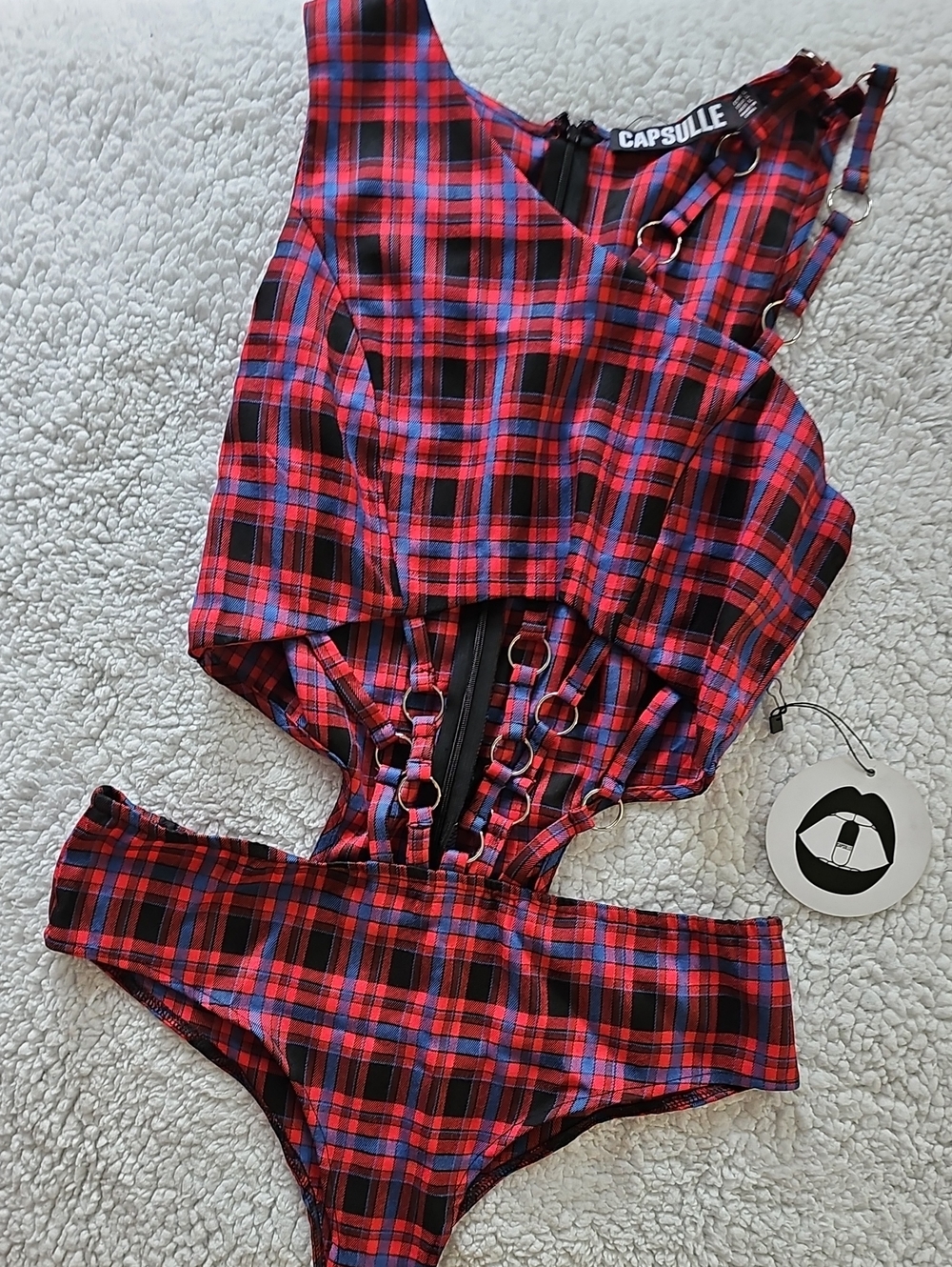 CAPSULE Red Plaid Cut-Out bodysuit